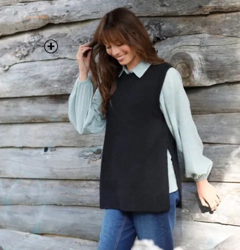 Pull femme sans manches en jersey recyclé noir pas cher | Blancheporte