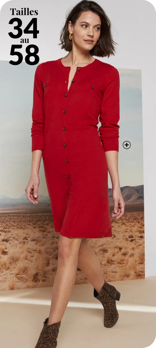Robe pull boutonnée manches longues en maille douce – une robe casual chic idéale pour l’hiver, à associer avec des bottines Chelsea ou des mocassins pour un look moderne et confortable