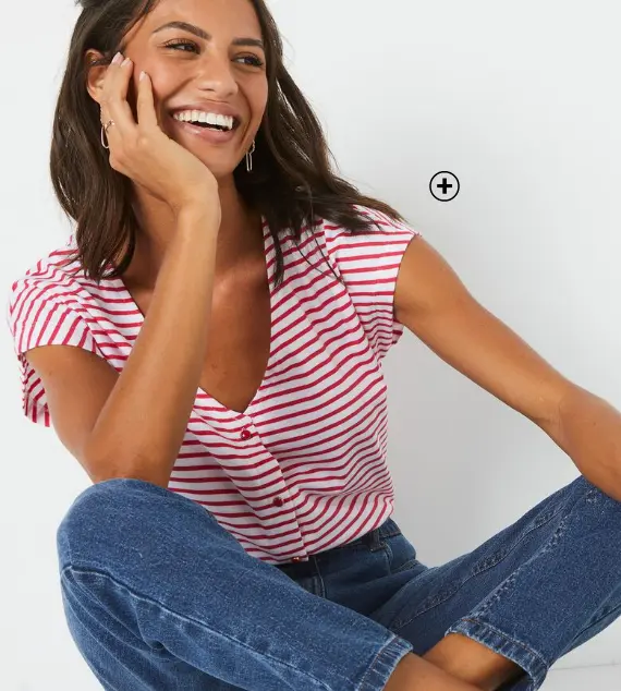 T-shirt met V-hals, knopen en strepen | trendy mode | Blancheporte