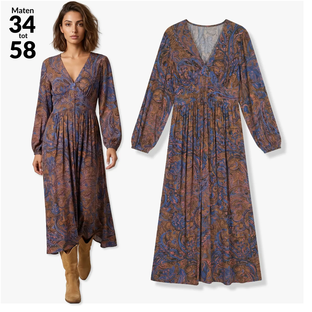Lange jurk met V-hals, bedrukte crêpe met Indiase bloemen in chocolade- en blauwtinten – Blog Blancheporte