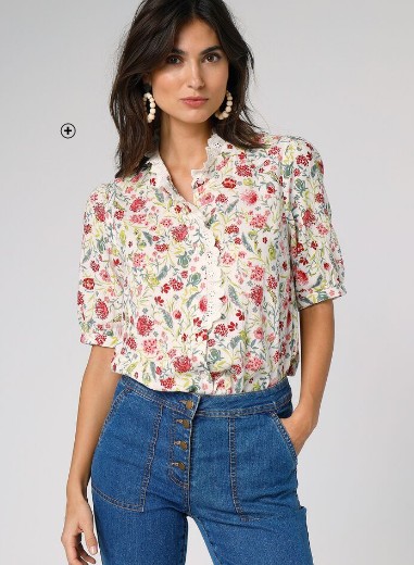 Blouse femme boutonnée imprimée broderie écru et vert kaki en gaze de coton pas cher | Blancheporte