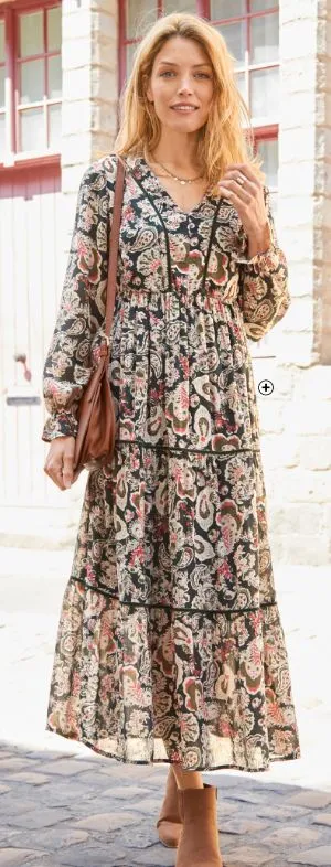 Lange jurk voor dames met stroken en print in kakigroen en roze crepon, goedkoop | Blancheporte