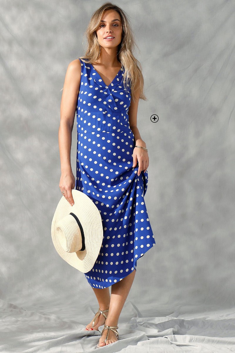 Robe longue sans manches Robe longue femme sans manches à pois bleu pas cher | Blancheporte