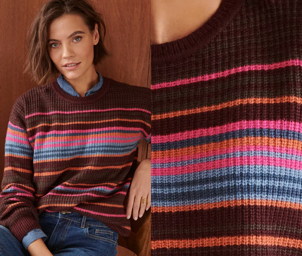 Pull rayé loose, maille anglaise toucher doux, chocolat er rose - Blog Blancheporte