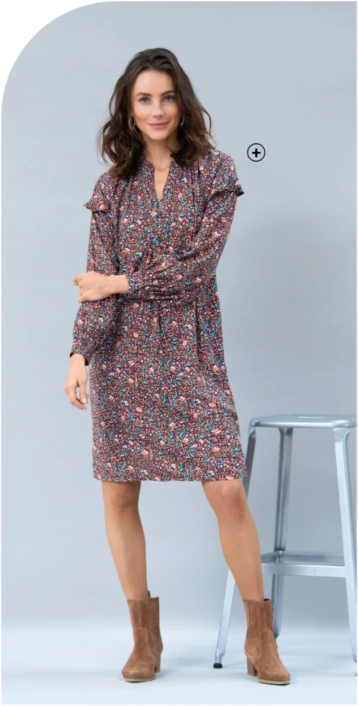 Robe femme volantée forme housse imprimé floral en polyester recyclé pas cher | Blancheporte