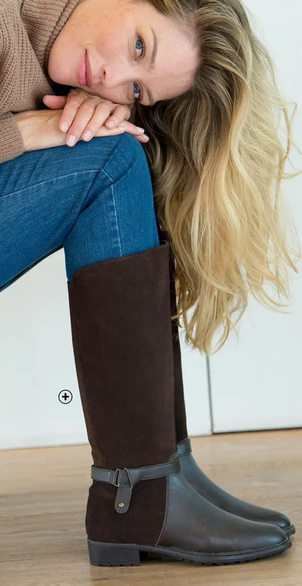 Bottes en cuir bimatière à mollets élastiques pour un ajustement parfait sur mollets larges, marque Blancheporte