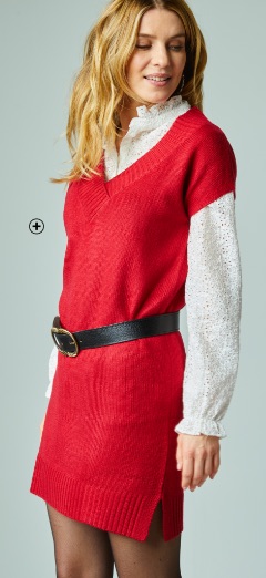 Donkerrode trui-jurk voor dames met V-hals en korte mouwen, goedkoop | Blancheporte