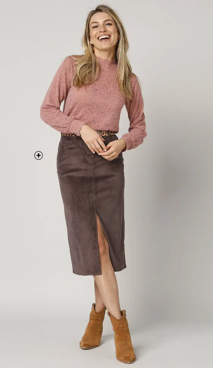 Jupe droite fendue en velours milleraies, idéale pour un look chic et décontracté à la maison | Blancheporte