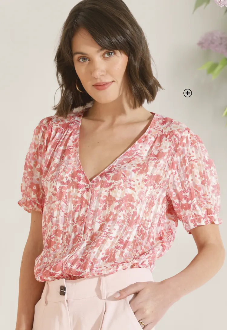 Jacquard voile blouse met satijnen strepen en een bloemenmotief in zachte pastelkleuren - Blog Blancheporte