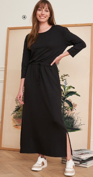 Lange, zwarte damesjurk met ronde hals, 3/4-mouwen en elastische taille, goedkoop - Blancheporte