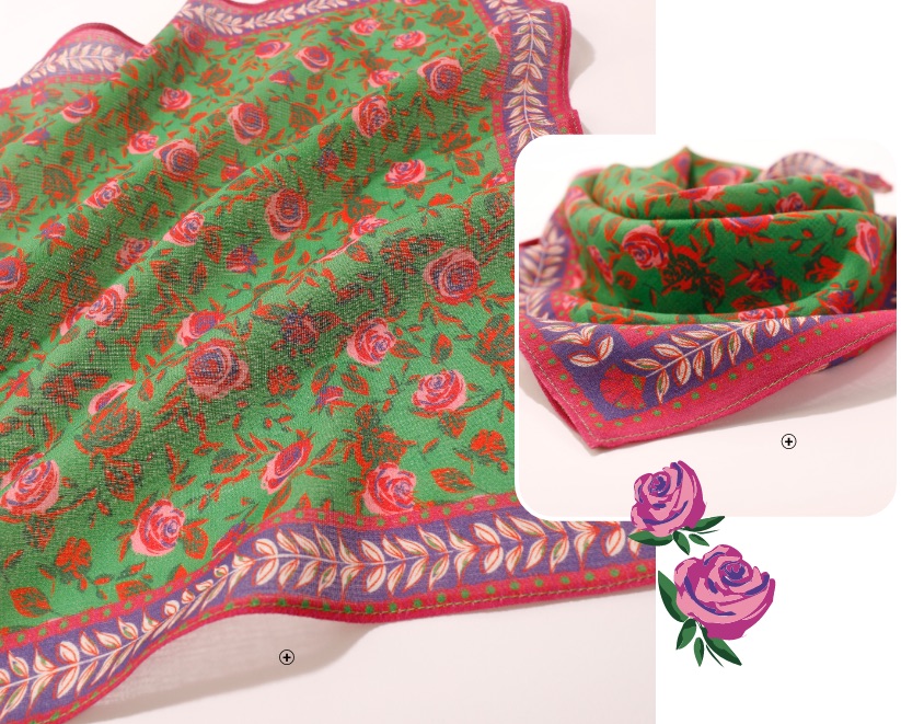 Vierkante foulard, vervaardigd in Frankrijk, met bloemetjesprint 48x48 - biologisch katoen Vierkante foulard, vervaardigd in Frankrijk, met bloemetjesprint 48x48 - biologisch katoen