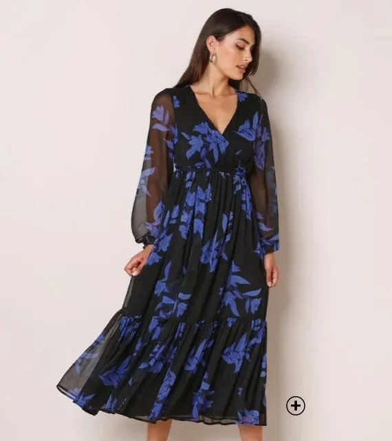 Lange jurk voor dames met strook in zwarte voile met blauwe print, goedkoop | Blancheporte