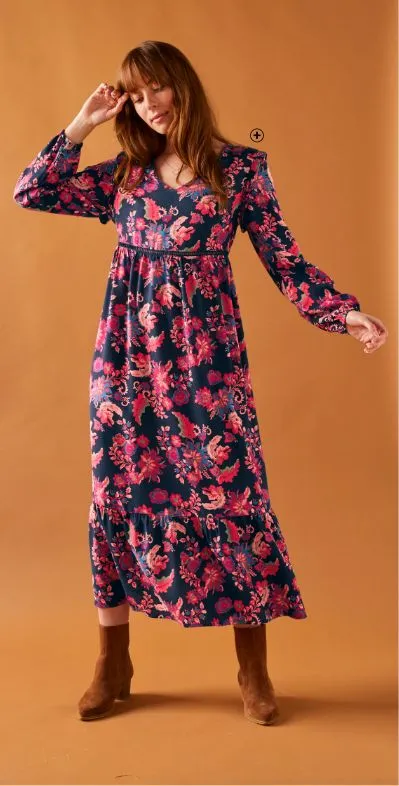 Lange jurk voor dames met strook onderaan en bloemenprint in blauw en rood, goedkoop | Blancheporte