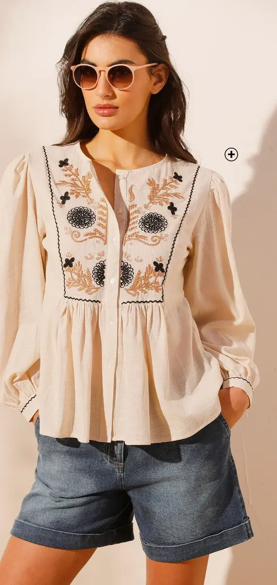 Chemisier brodé pour femme beige pas cher | Blancheporte