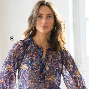 Bloes voor dames in blauwe voile met smokwerk en print, goedkoop | Blancheporte