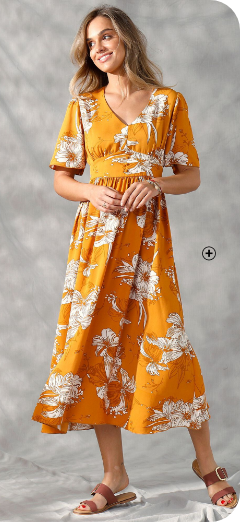 Robe femme longue imprimé orange et blanc à manches évasées pas cher | Blancheporte