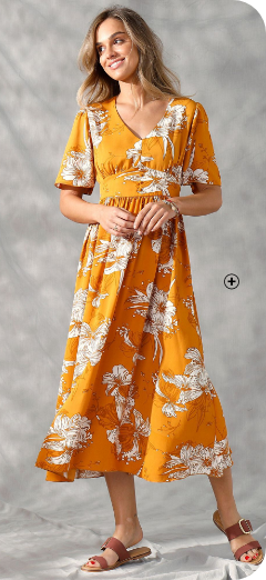 Robe longue imprimée Robe femme longue imprimé orange et blanc à manches évasées pas cher | Blancheporte