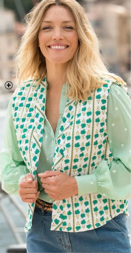 Mouwloos damesjasje voor het tussenseizoen met matelassering en groene print, goedkoop | Blancheporte