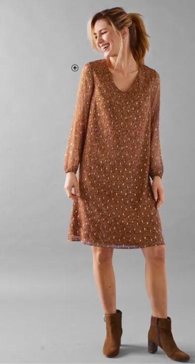 Uitlopende jurk voor dames in voile met goudkleurige print, goedkoop | Blancheporte
