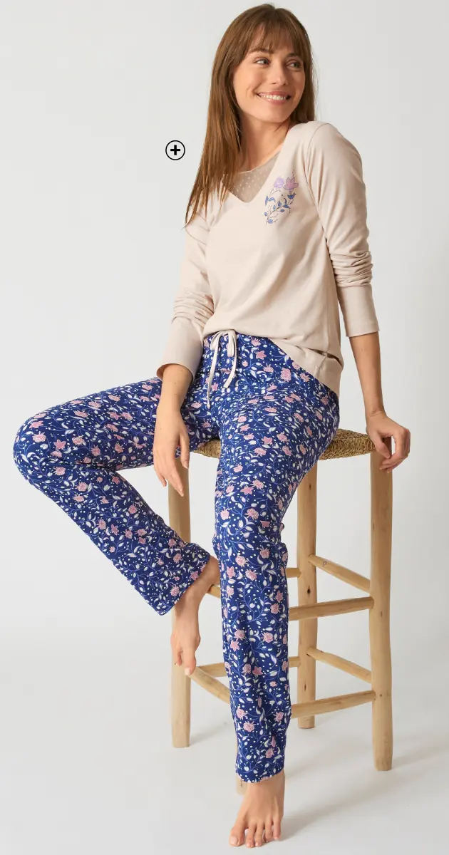 Pyjama T-shirt met lange mouwen en bloemenprint, ideaal voor gezellige nachten in de winter | Blancheporte