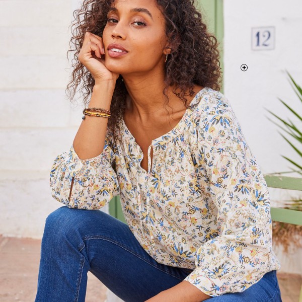 Blouse ample manches 7/8ème Blouse ample femme manches 7/8ème blousantes imprimée écru bleu pas cher | Blancheporte