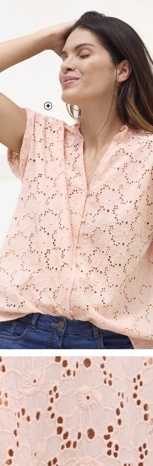 Chemisier manches courtes col volanté broderie anglaise rose pâle - Blog Blancheporte