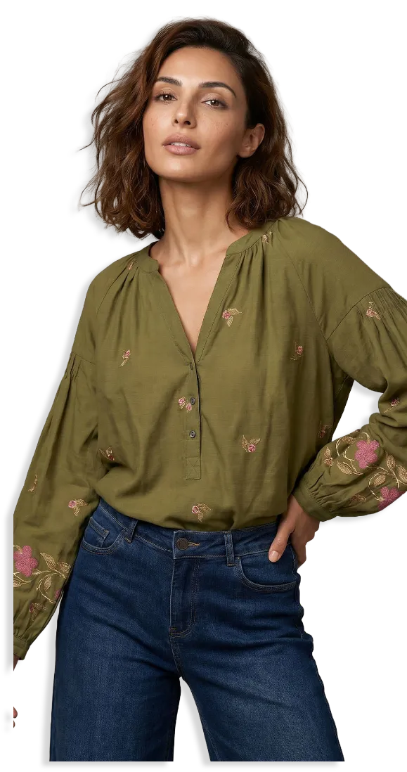Kaki flanellen blouse met 7/8-mouwen, print met borduureffect – Blog Blancheporte
