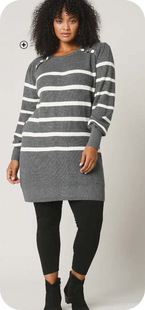 Pull tunique rayé avec boutons fantaisie, une pièce idéale pour allonger la silhouette des femmes rondes | Blancheporte