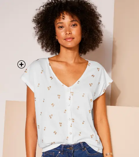 T-shirt voor dames in wit met knopen en V-hals, goedkoop | Blancheporte