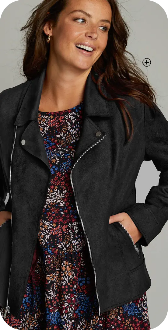 Zwart jack met rits en tailleurscollet in suède, modern en gestructureerd met een lange jurk | Blancheporte