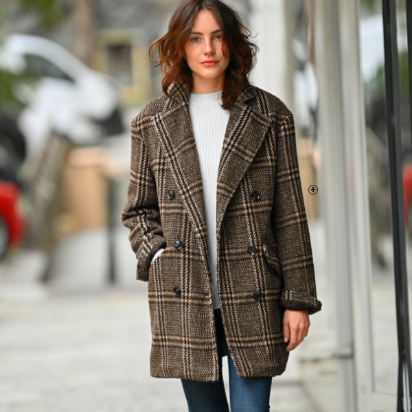 Manteau ample à carreaux Manteau femme à carreaux ample oversize manches longues col tailleur pas cher - Blancheporte