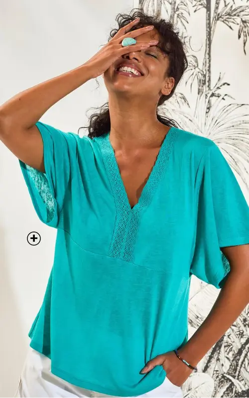 T-shirt met V-hals en macramé | trendy in T-shirt | Blancheporte