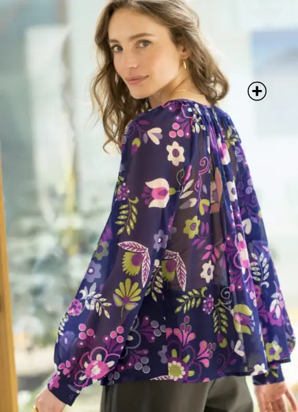 Blouse froncée en voile imprimé avec manches amples, idéale pour un look bohème dans les couleurs tendances automne hiver 2024 - Blancheporte