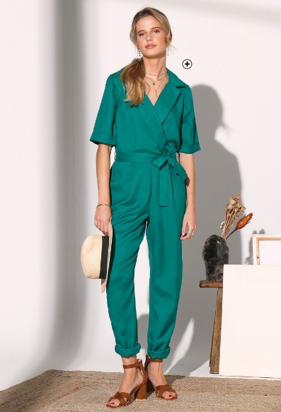 Groene jumpsuit voor dames met soepele broek en decolleté in wikkelstijl, goedkoop | Blancheporte