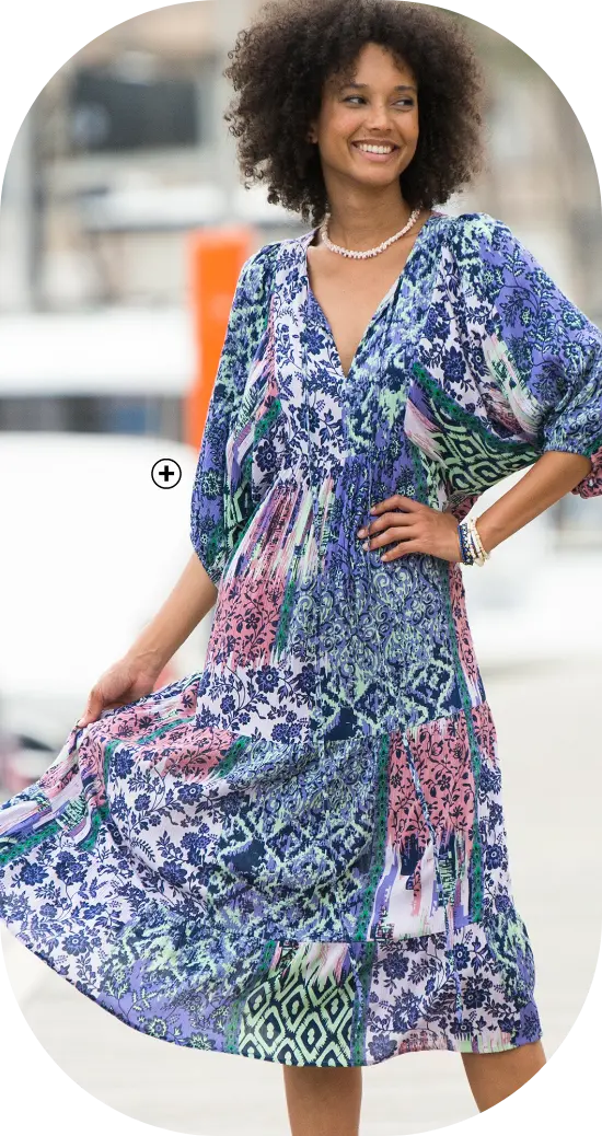 Robe longue imprimée en crépon – Indigo / Parme | Blancheporte