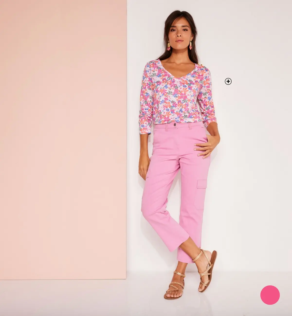 T-shirt voor dames met V-hals en lange mouwen in roze, goedkoop | Blancheporte