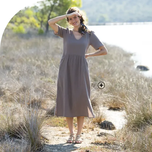 Robe longue unie col V en gaze de coton – Taupe | Blancheporte