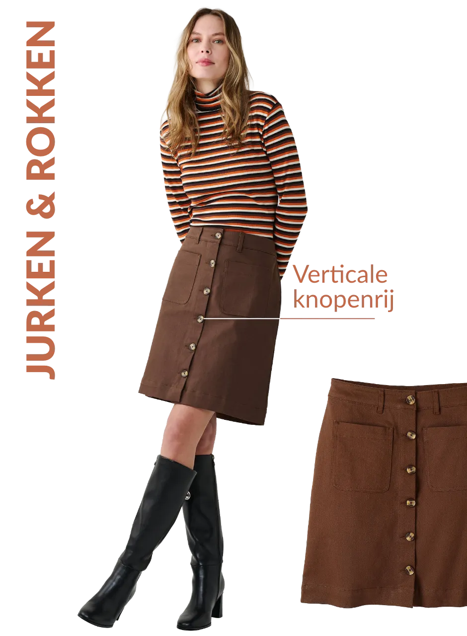 Korte uitlopende rok in chocolade, met knopen – Blog Blancheporte