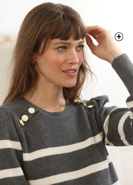 Pull tunique à boutons fantaisie rayé, idéal pour adopter les couleurs tendances automne hiver 2024 - Blancheporte