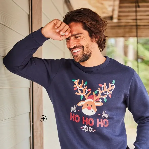Kerstsweater voor heren met rendierprint in geruwd, marineblauw molton, goedkoop | Blancheporte