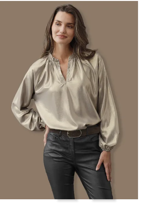 Goudkleurige gemetalliseerde blouse, ruchekraag, lange mouwen - Blancheporte Blog