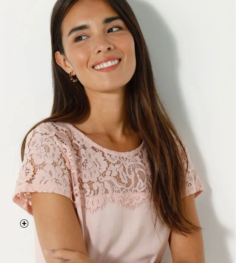 T-shirt met kant, ronde hals en korte mouwen | trendy stijl | Blancheporte