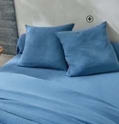 Parure linge de lit bleue uni triple gaze de coton Oeko-Tex® Colombine® pas cher - Blancheporte