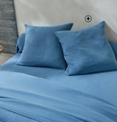 Parure linge de lit bleue uni triple gaze de coton Oeko-Tex® Colombine® pas cher - Blancheporte