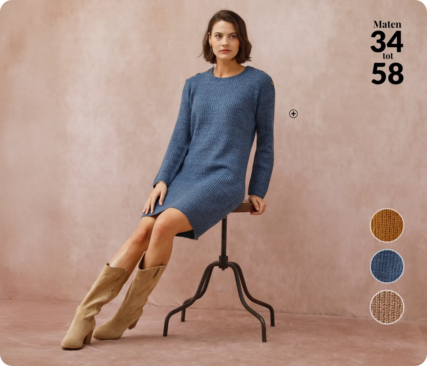 Gebreide jurk met lange mouwen en knoopdetail op de schouder – comfortabele en elegante jurk, ideaal op 50 jaar voor een moderne en verfijnde winterlook