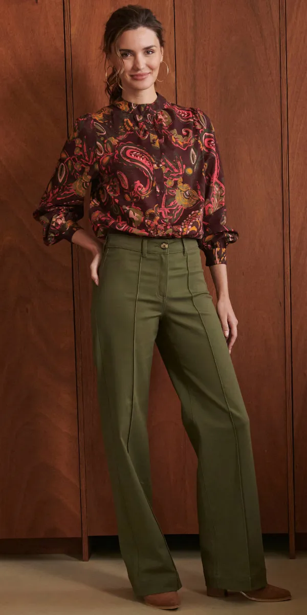 Pantalon large avec détails plis piqués, kaki - Blog Blancheporte
