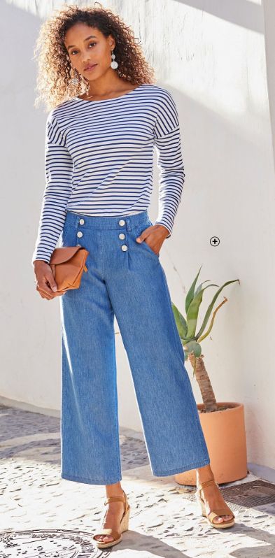 Jeans dames licht met klep matrozenlook stone blue niet duur / Blancheporte