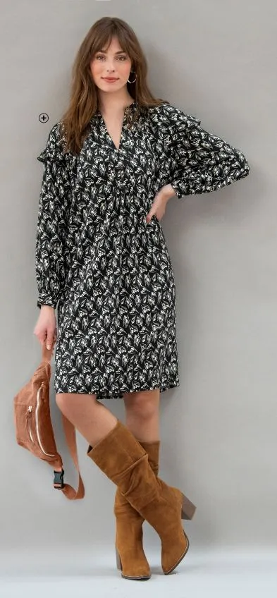 Gerecycleerde jurk met stroken Gerecycleerde damesjurk in hoesmodel met stroken en tweekleurige print in zwart en beige, goedkoop | Blancheporte