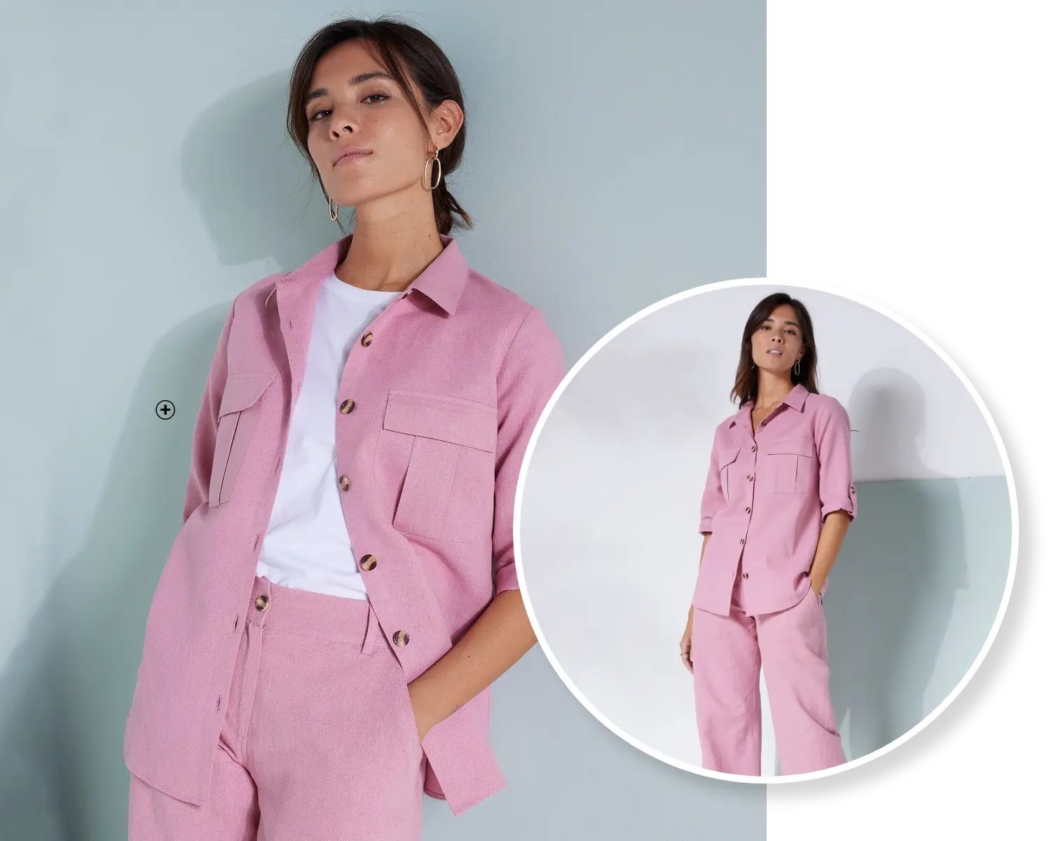 Chemisier femme en lin coton à manches retroussables rose pas cher | Blancheporte