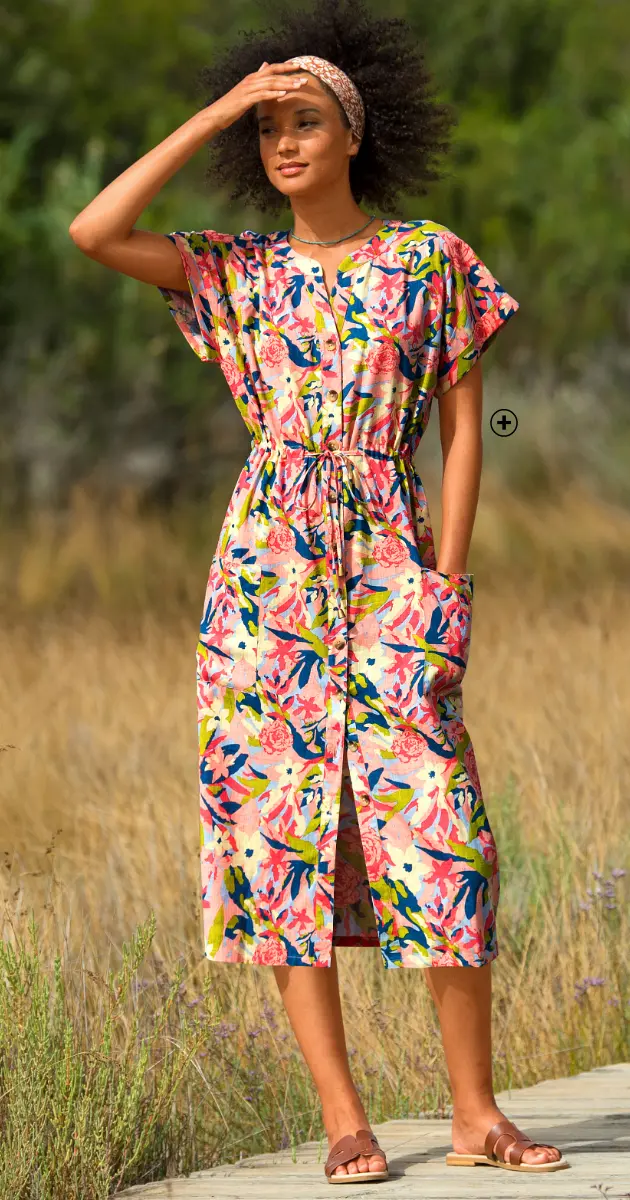 Zomerse midi-jurk voor dames met print in linnen, ideaal bij warm weer | Blancheporte
